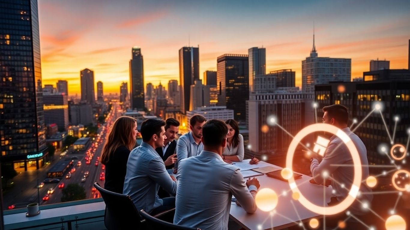 Melbourne skyline and marketing professionals collaborating.