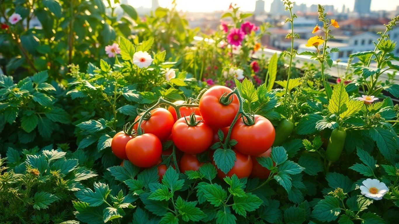Frisches Gemüse und Kräuter auf einem Dachgarten in der Stadt.