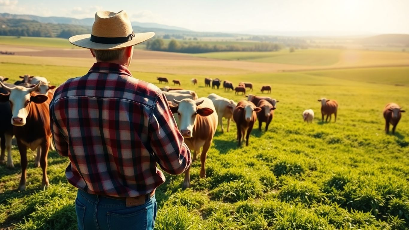 Farmer observing healthy livestock in a sunny pasture.