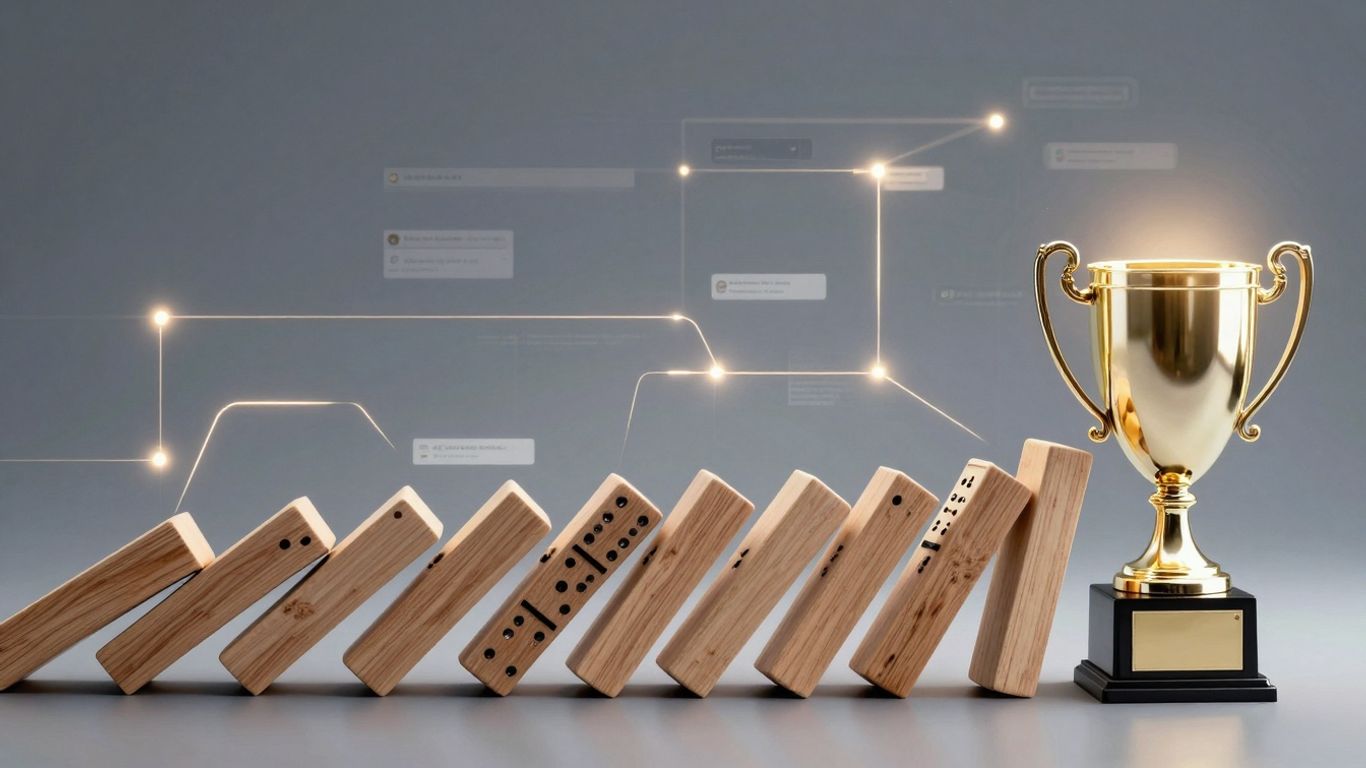 Digital dominoes falling, leading to a trophy.