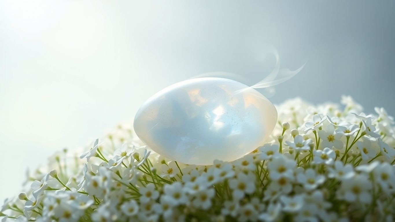 Luminous moonstone with white flowers and soft mist.