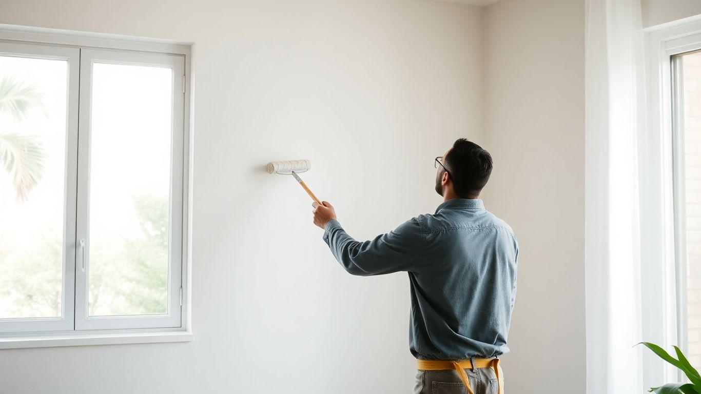Painter applying eco-friendly paint to a modern interior wall.