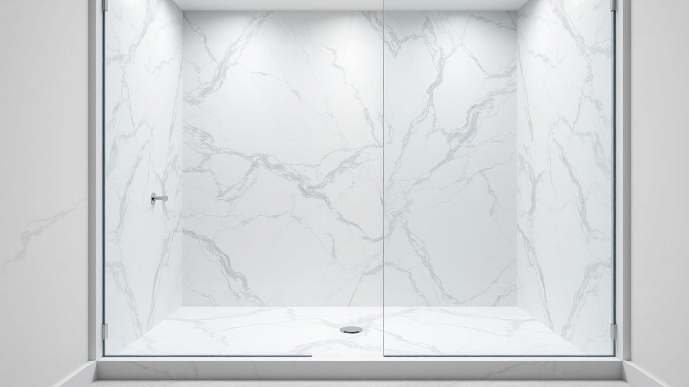 Luxurious marble shower with elegant veined tiles.