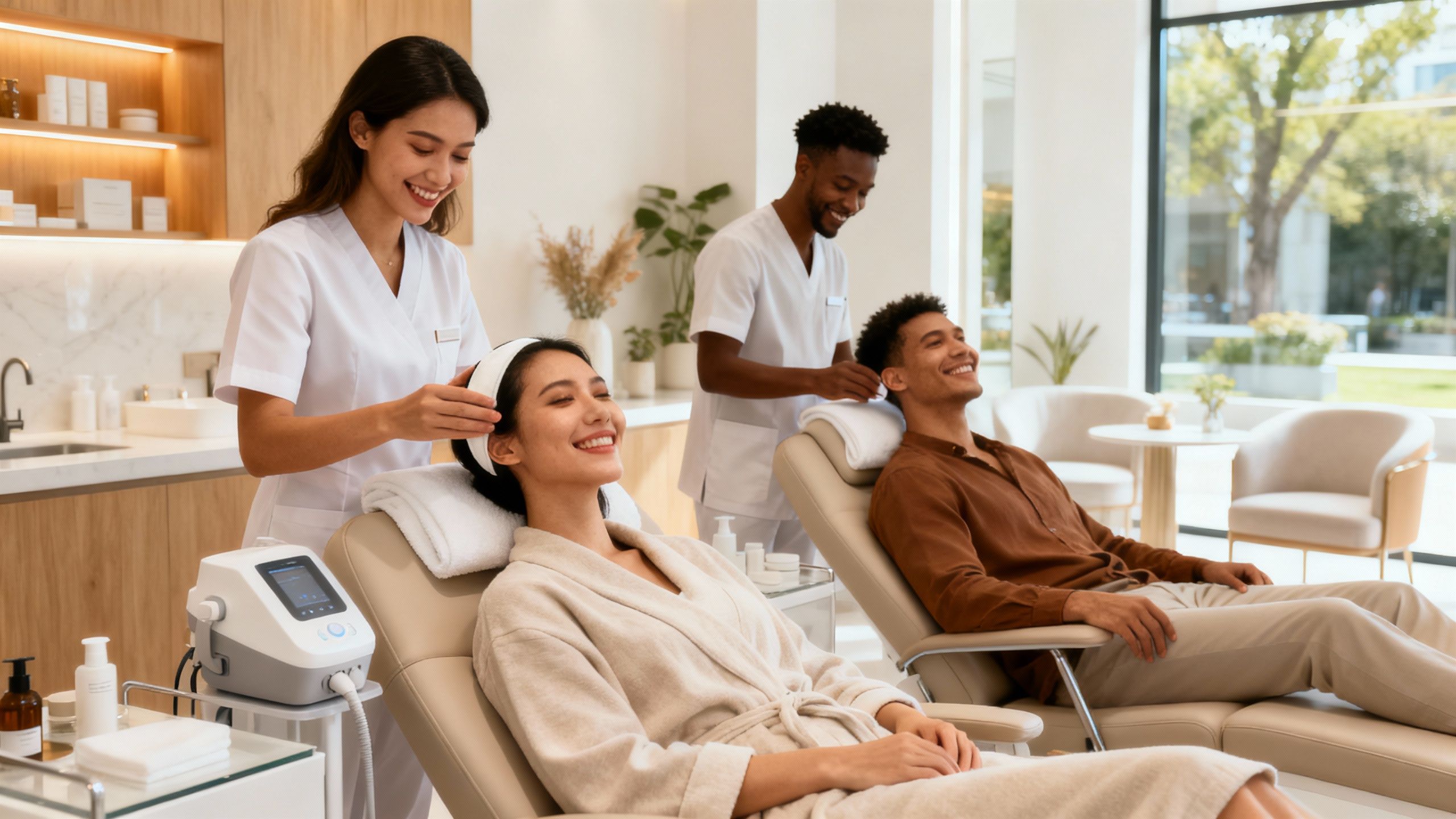 People enjoying aesthetic treatments in a bright, modern clinic.