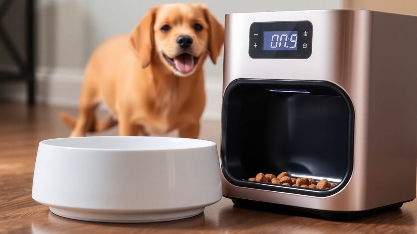 Smart pet feeder dispensing wet food for a happy pet.
