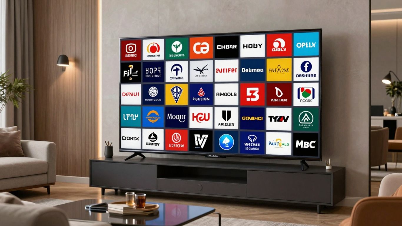 Modern living room with TV showing international channel logos.