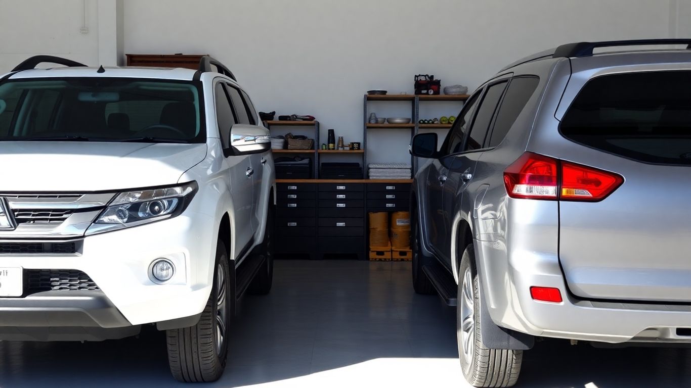 Mitsubishi Triton and Pajero vehicles in a garage.