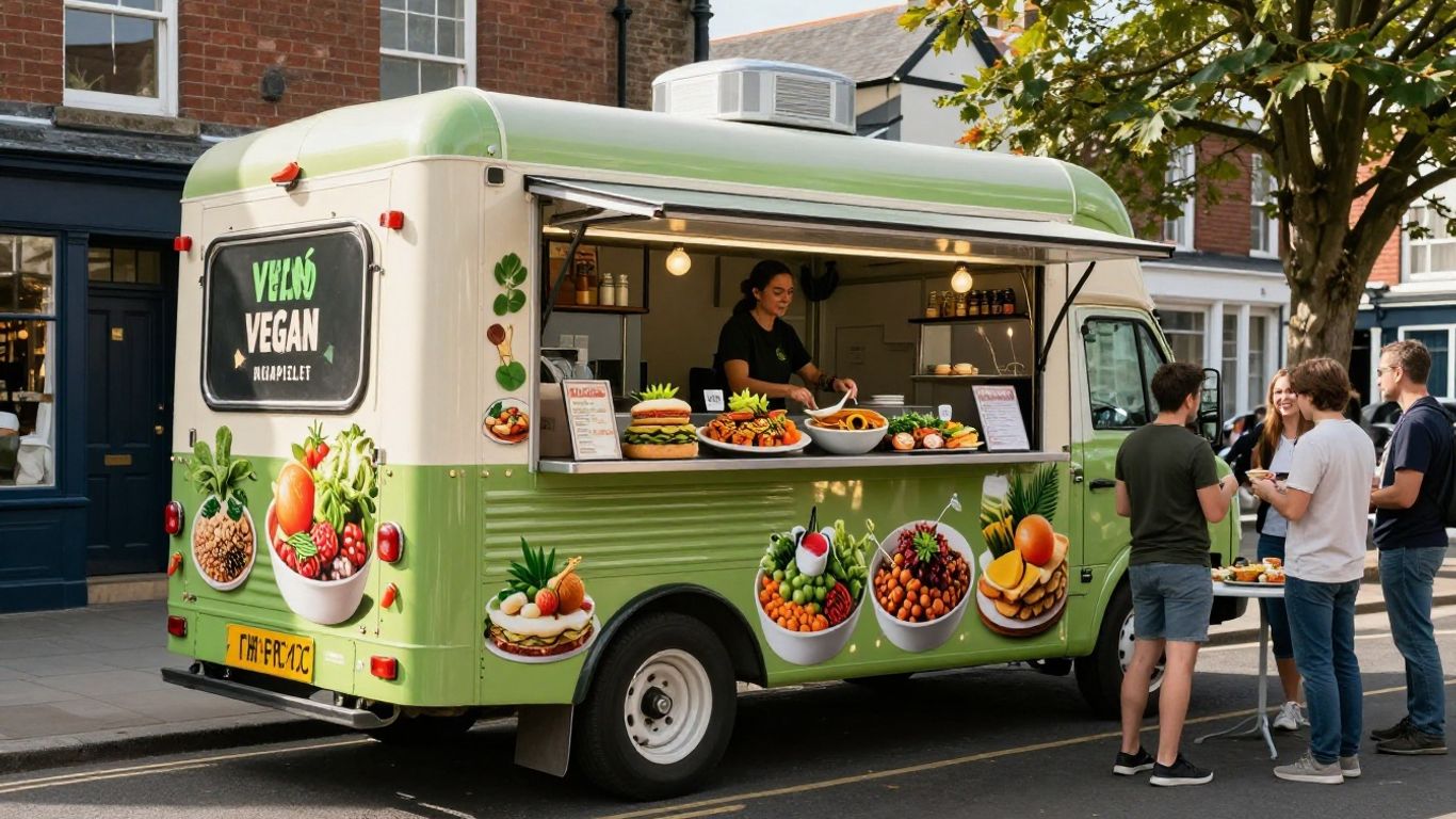 Vegan food truck serving delicious meals on a UK street.