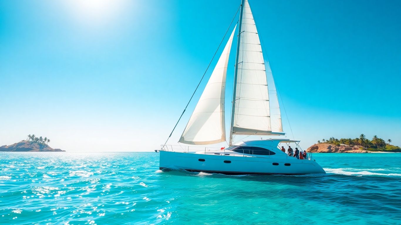 Luxury yacht sailing on turquoise water, people relaxing onboard.