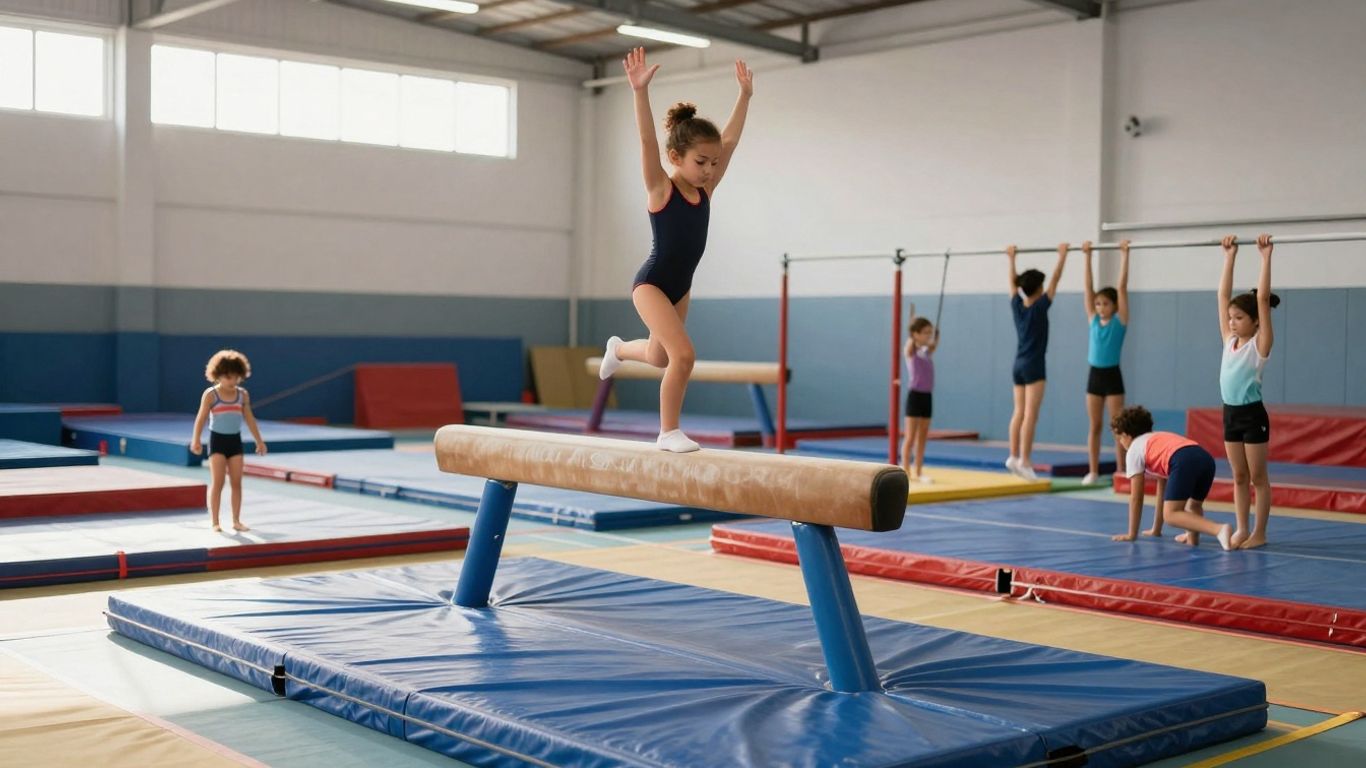 Children and teens doing gymnastics in a bright gym.