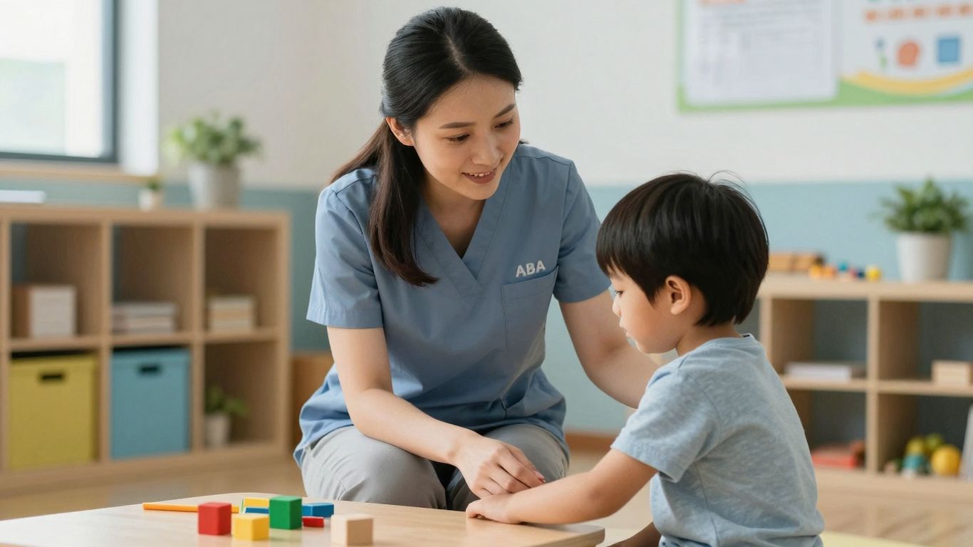 ABA clinician interacting with a child during therapy.