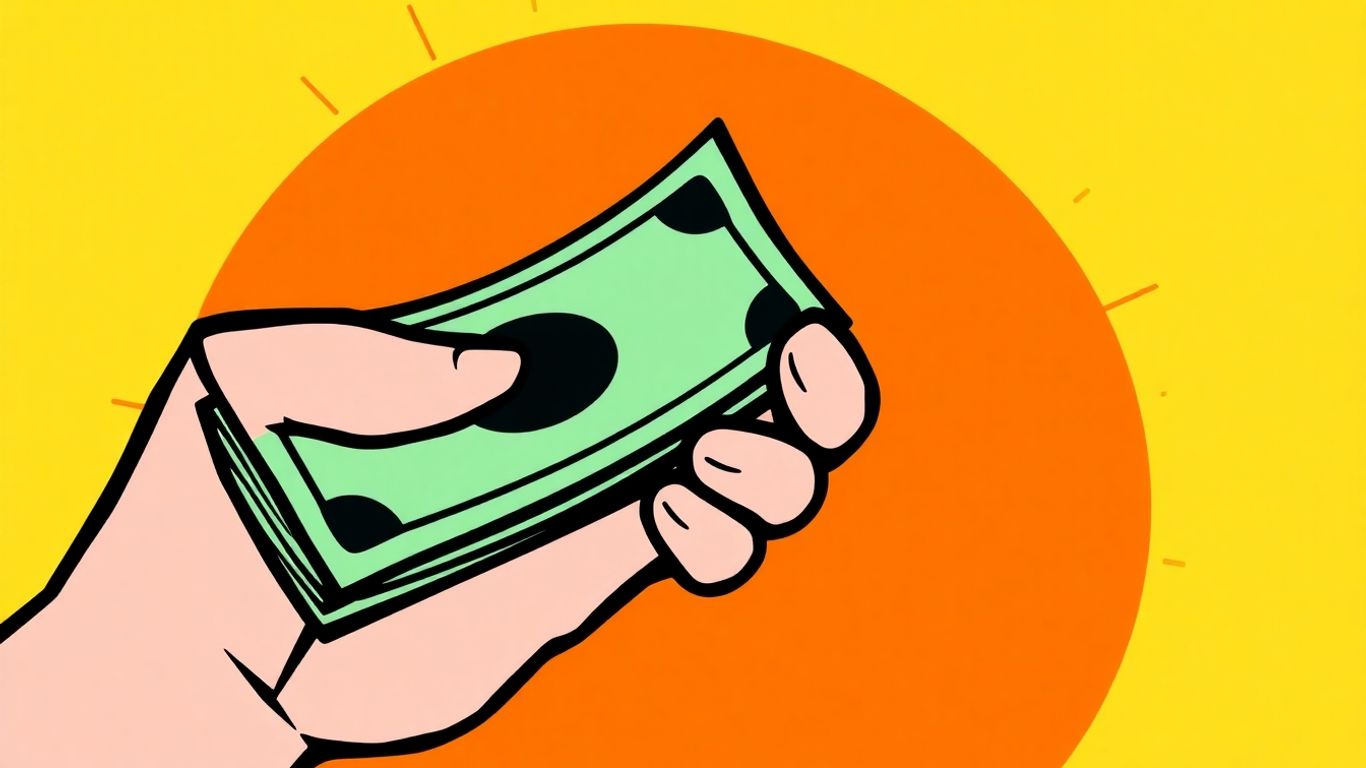Hand holding cash, cartoon style, orange and yellow background.