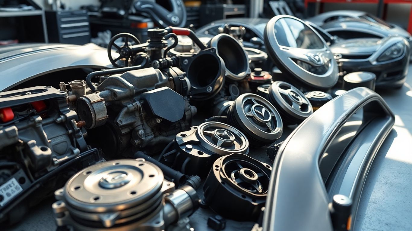 Genuine Mazda spare parts arranged neatly.