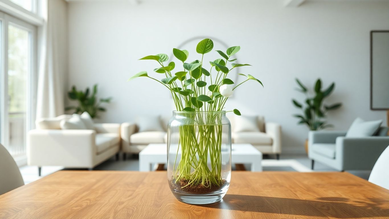 Crystal vase with hydroponic flowers on wooden table
