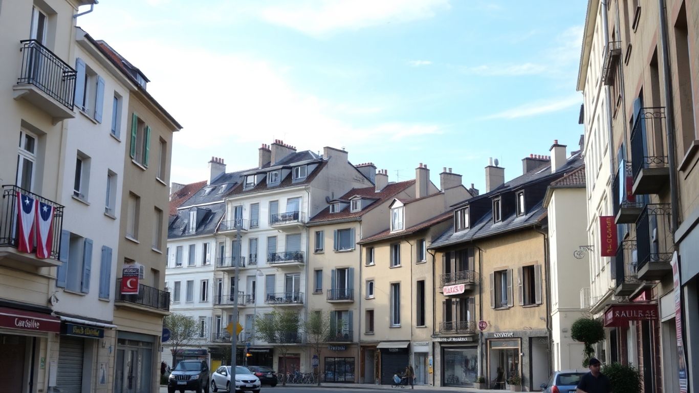 Rue résidentielle avec immeubles en France et panneaux à vendre.