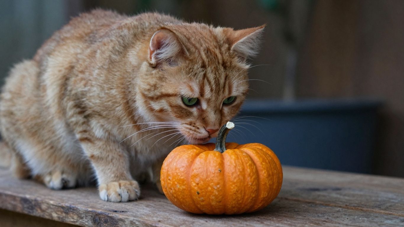 Cat looking at a pumpkin