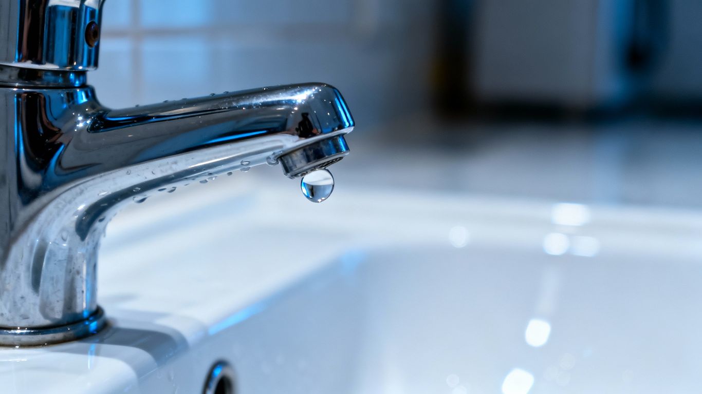 Leaky faucet with a single water drop falling.