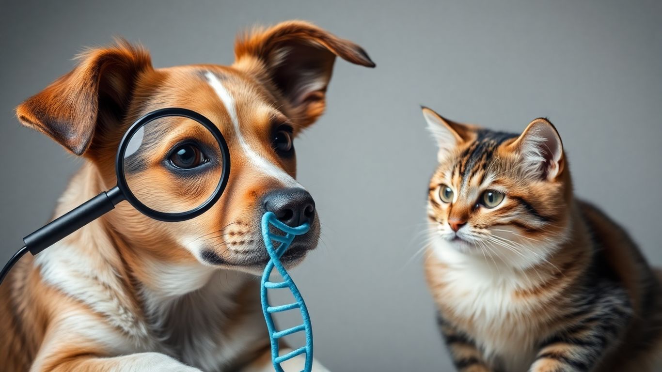 Dog and cat examining a DNA helix.