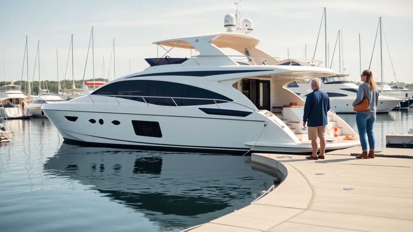 Couple viewing a small yacht at the marina.