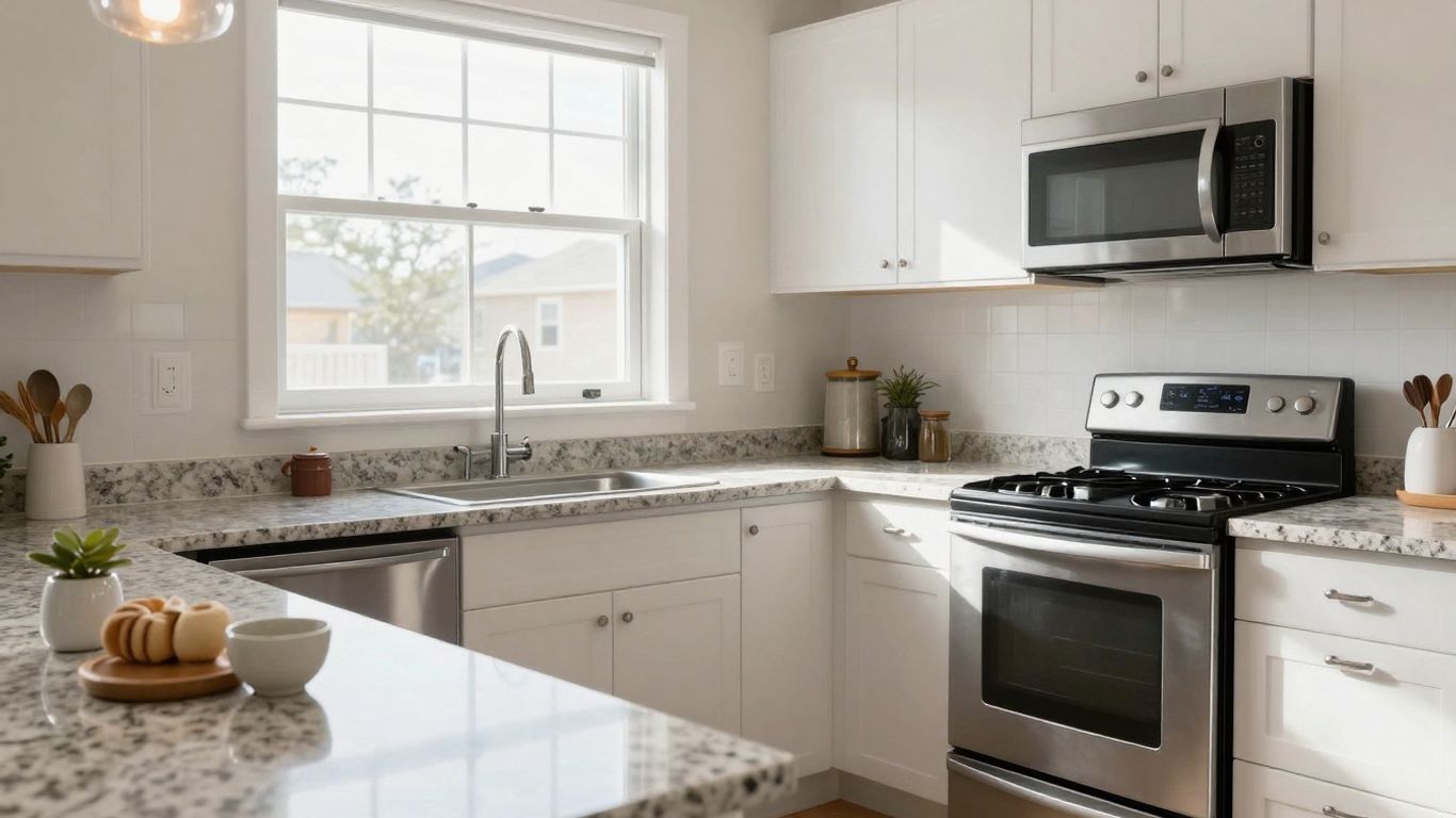 Modern kitchen with clean countertops and sunlight.