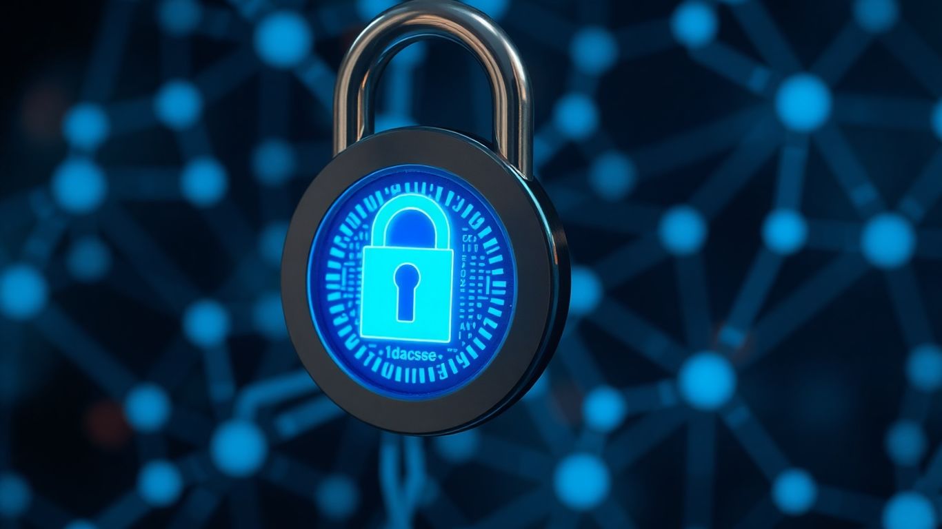 Digital lock with glowing circuits and abstract network background
