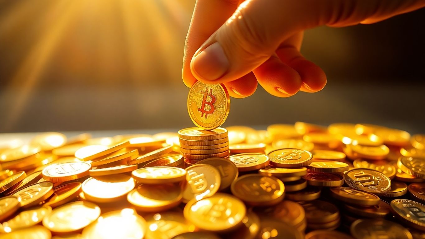 Mão dourada adicionando uma moeda a uma pilha de ouro