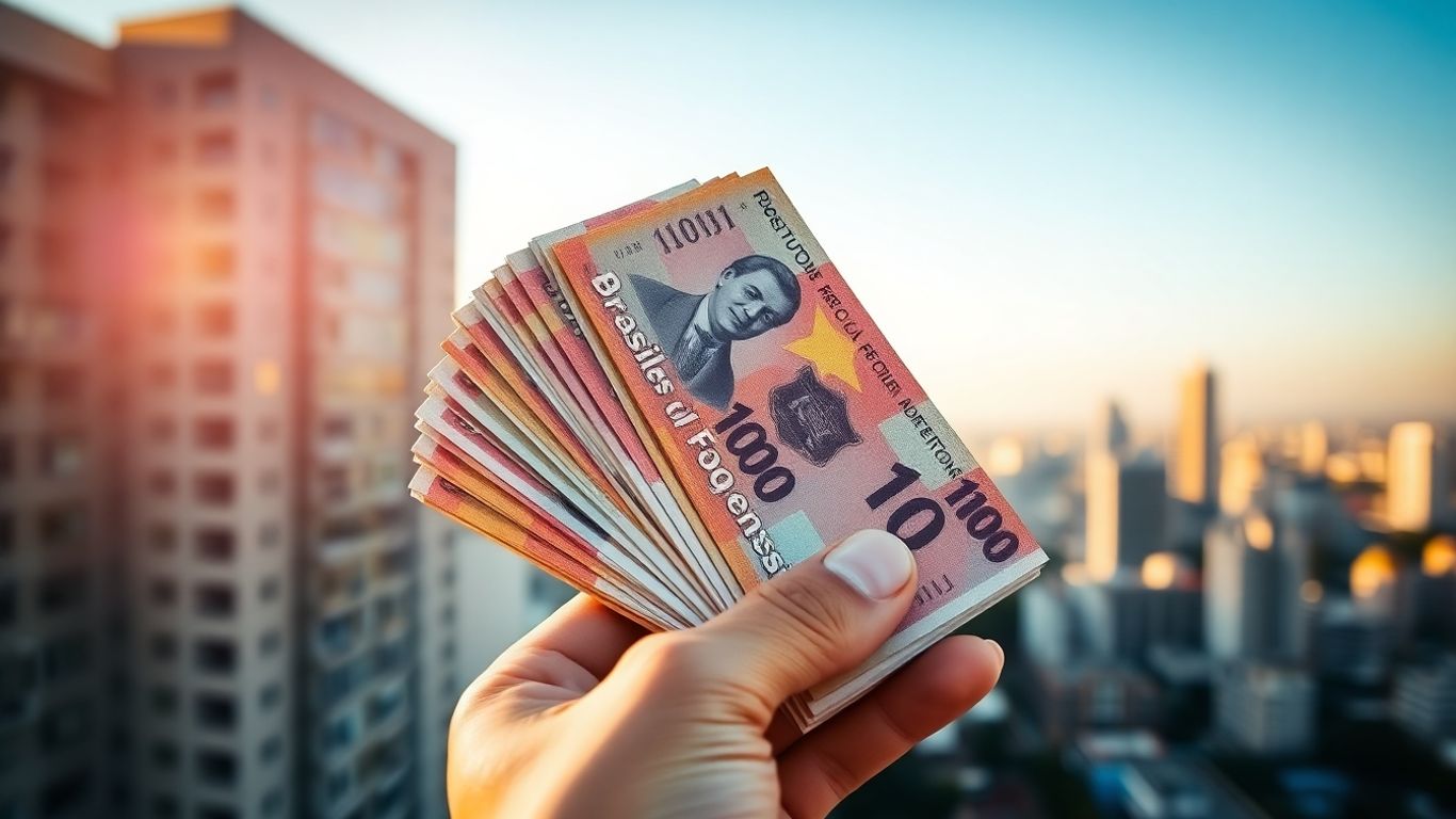 Mãos segurando dinheiro com prédios ao fundo.