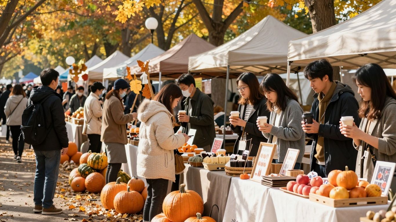 Herbstmarkt mit bunten Ständen und Menschen