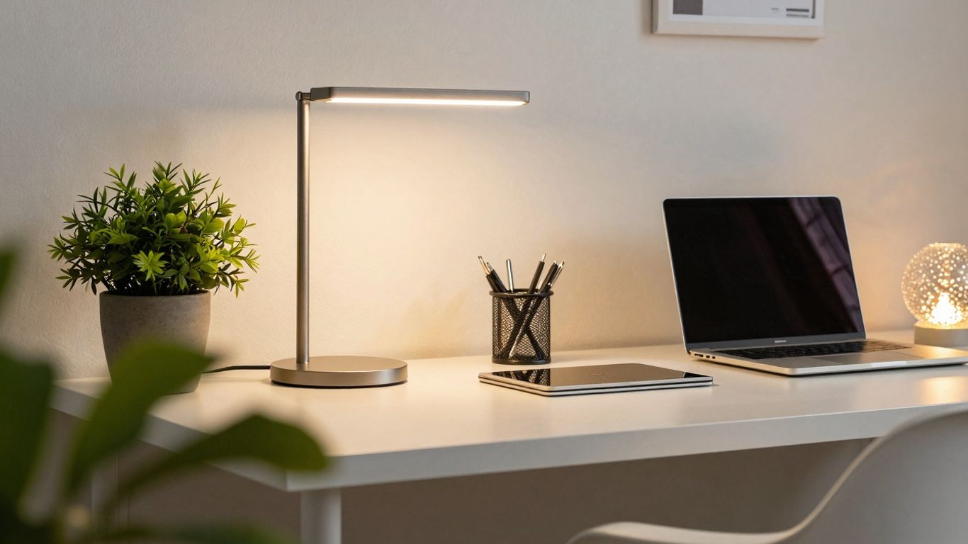 Home office with warm LED lighting and decorative accents.