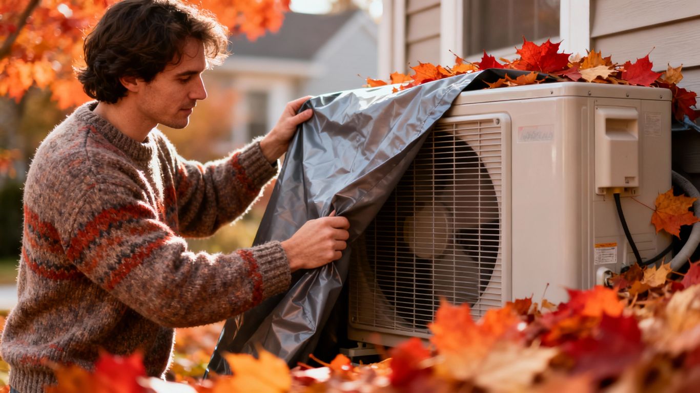 Person covering an air conditioner with a tarp in autumn.