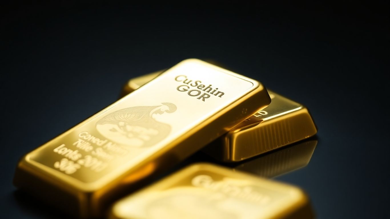 Lingotes de oro brillando bajo la luz.