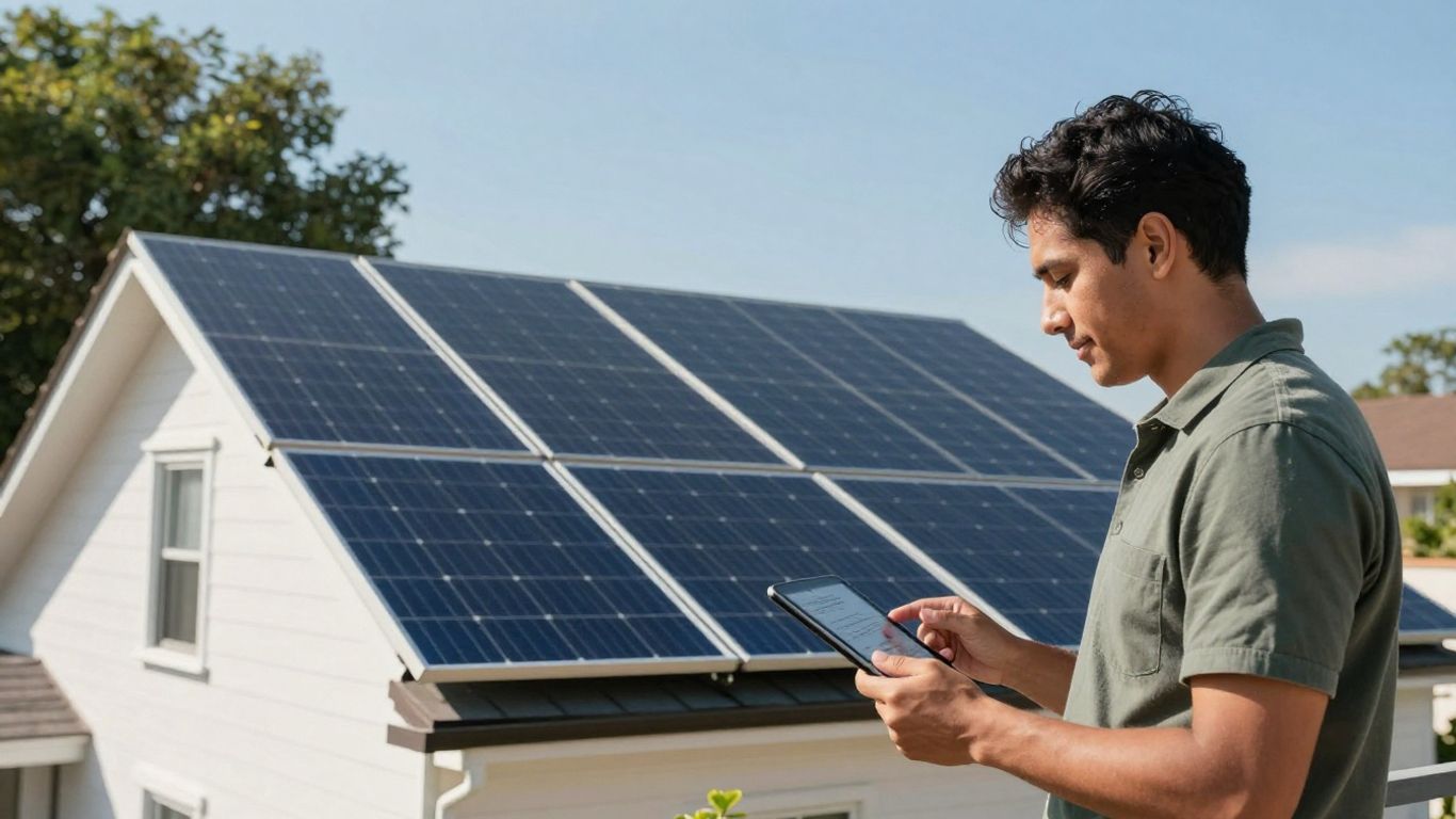 House with solar panels and a person looking at a tablet.