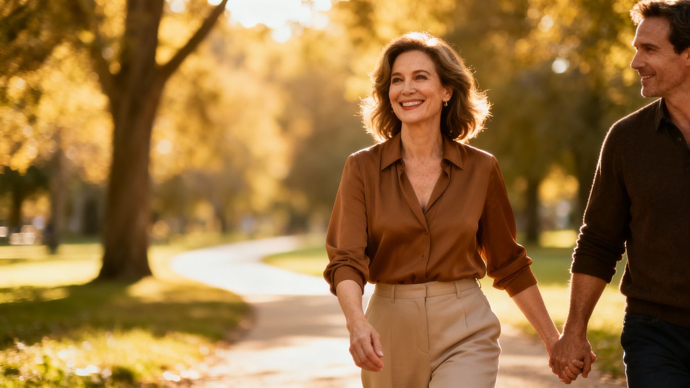 Woman and man walking happily in a park.