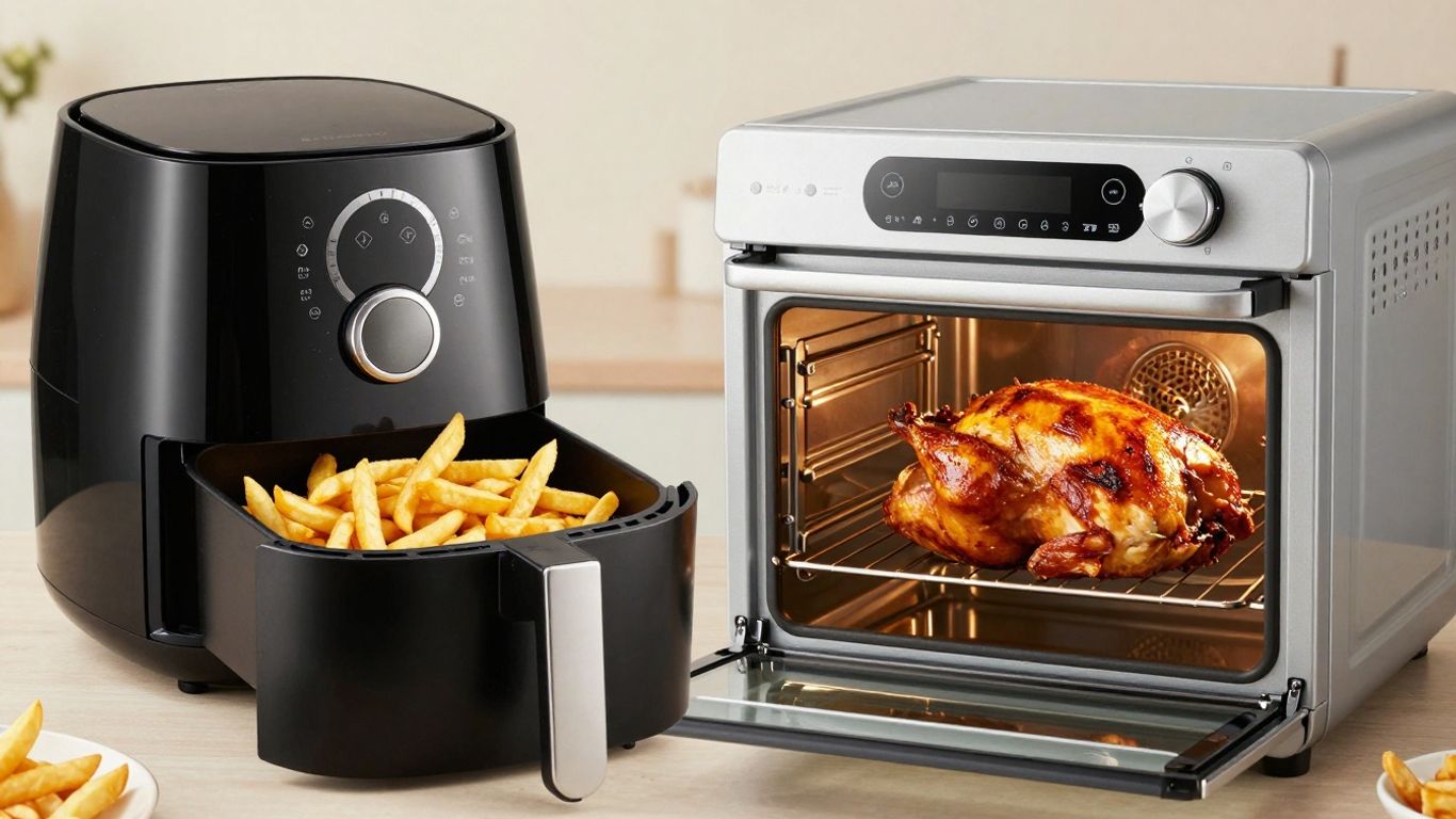 Air fryer and convection oven comparison with food.