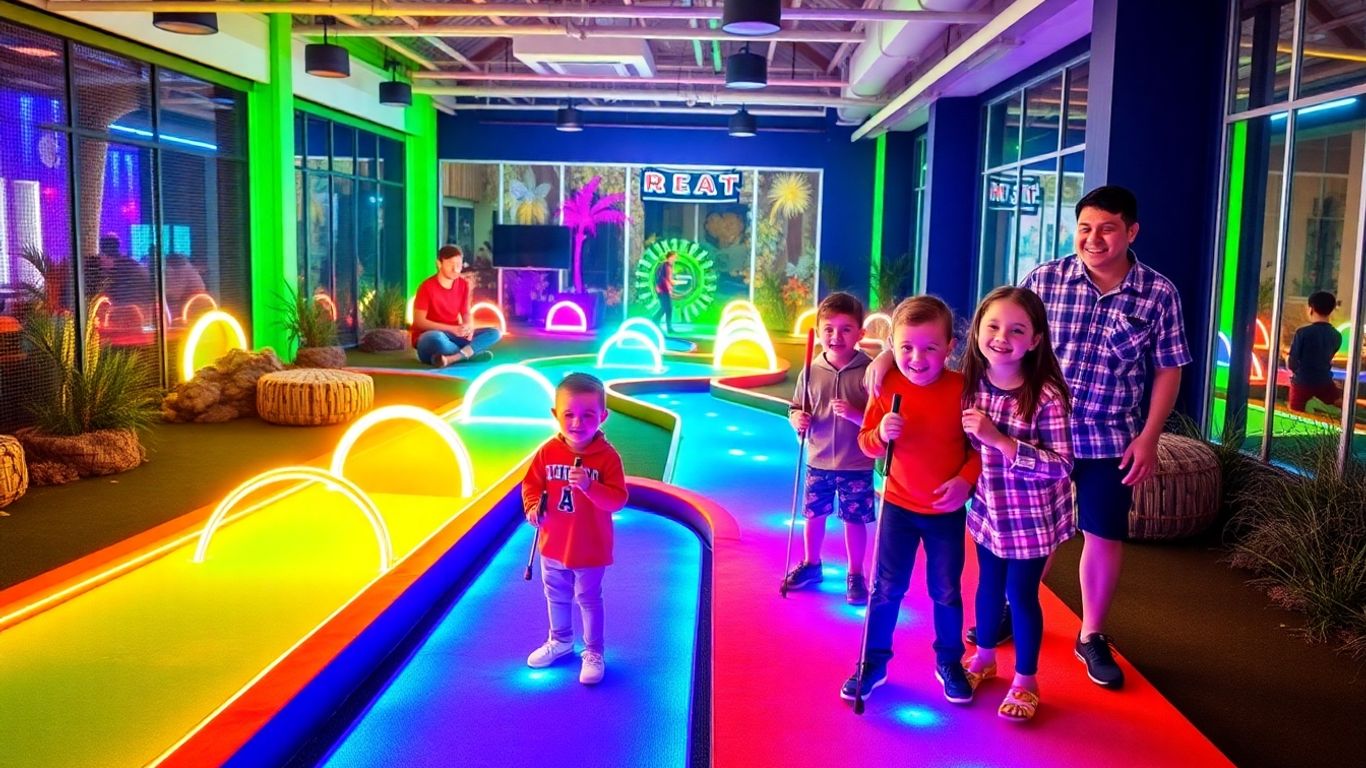 Kids play glowing mini golf with families indoors