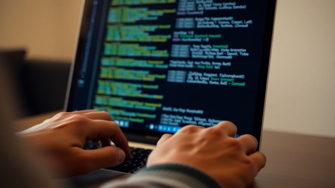 Hands coding on a laptop for WooCommerce plugin development.