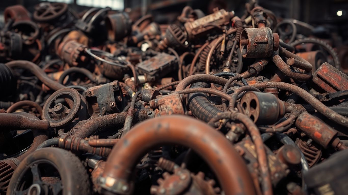 Crushed Mazda car parts in a scrap yard.