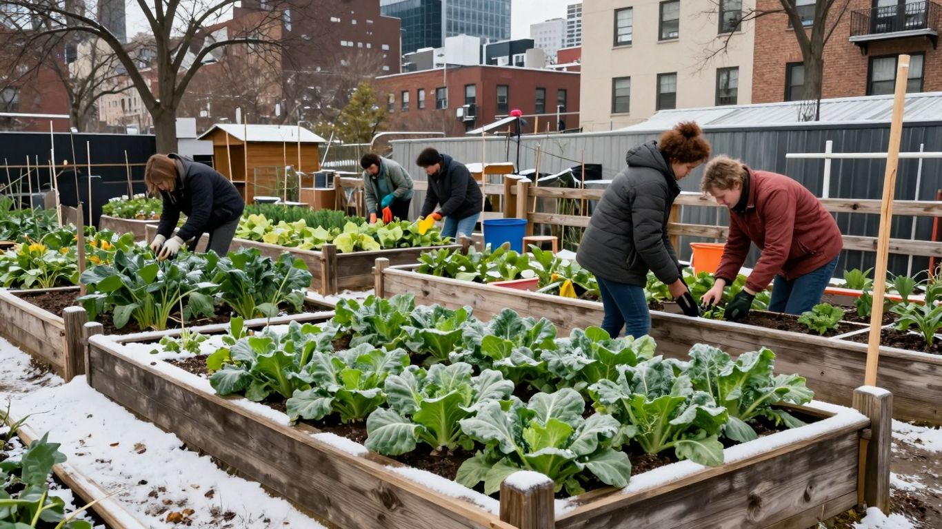 Nachbarschaftsgarten im Winter mit Menschen, die arbeiten.