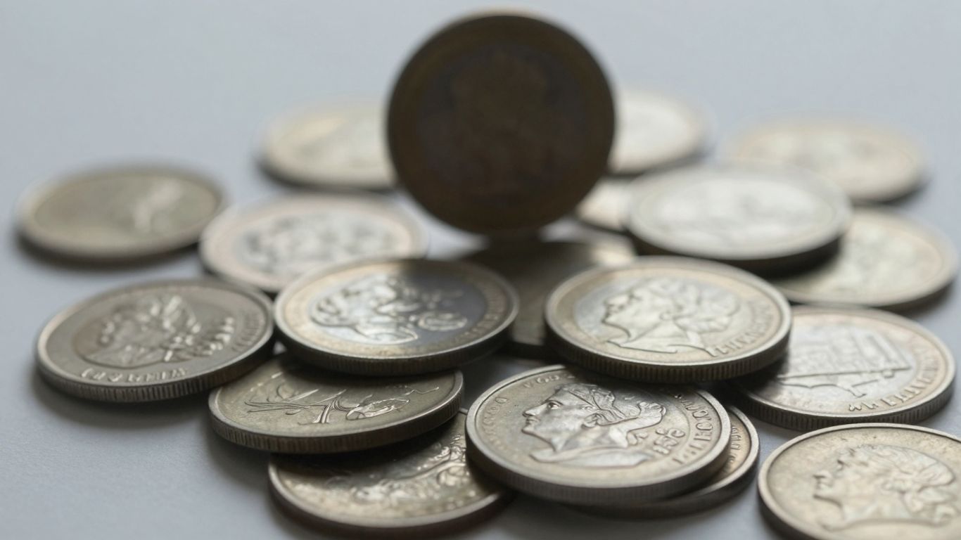 Collection of diverse coins with intricate details and varied metallic sheens.