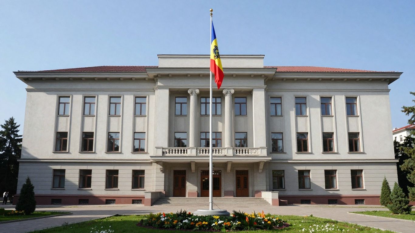 Clădire oficială cu drapelul României în străinătate.