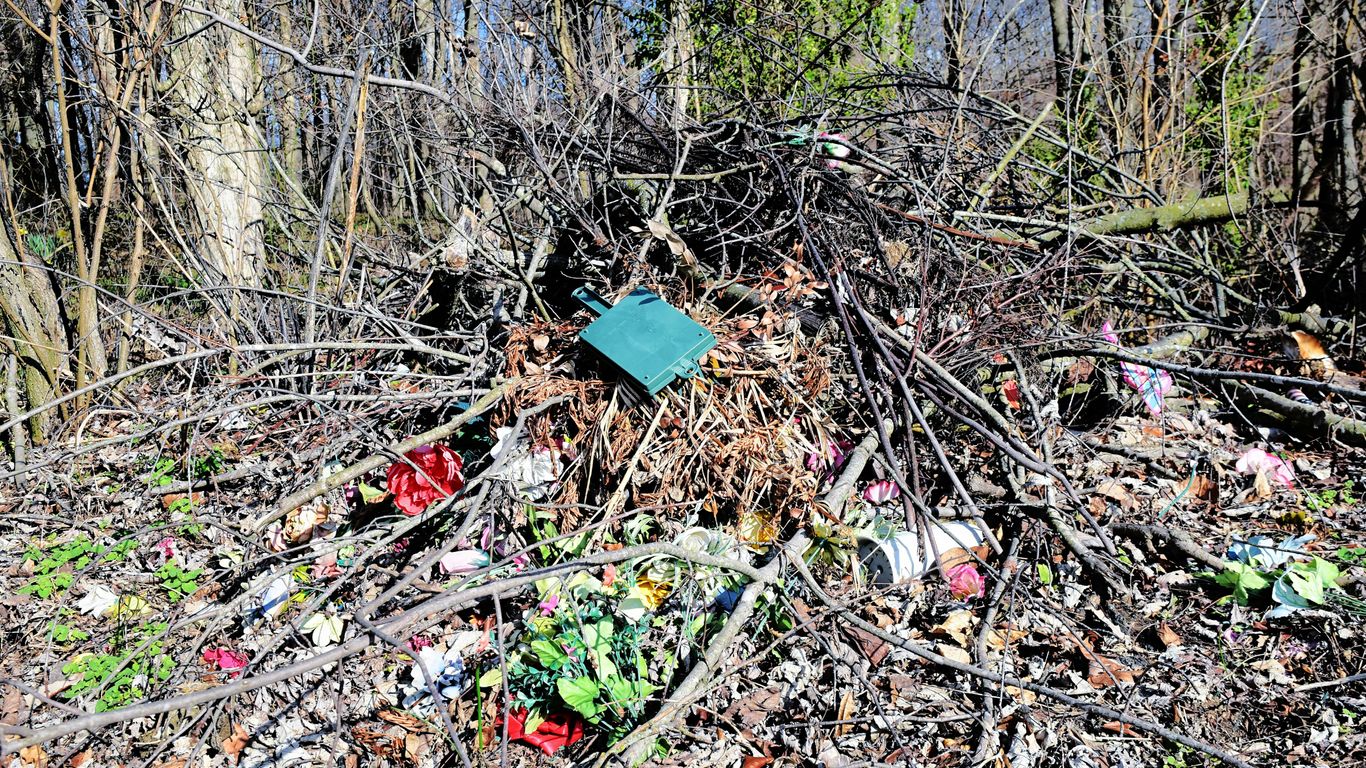 A pile of trash sitting in the middle of a forest