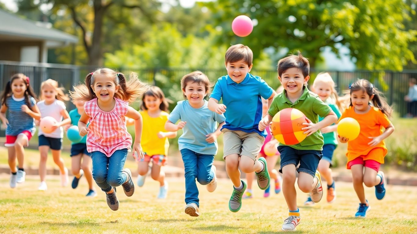 Grundschulkinder spielen begeistert verschiedene Sportarten im Freien.