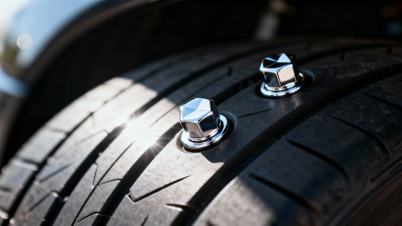 Shiny chrome valve stem caps on a car wheel.