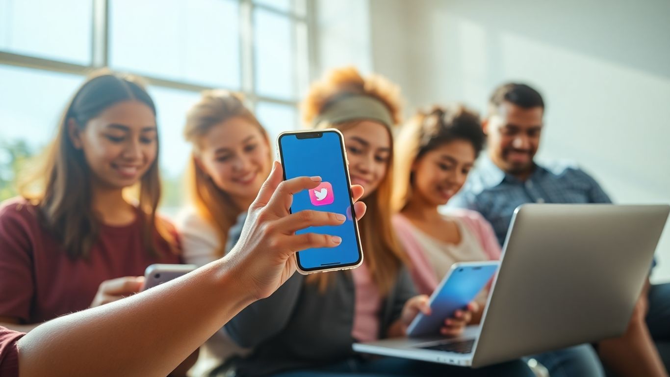 Personas interactuando con redes sociales en dispositivos móviles.