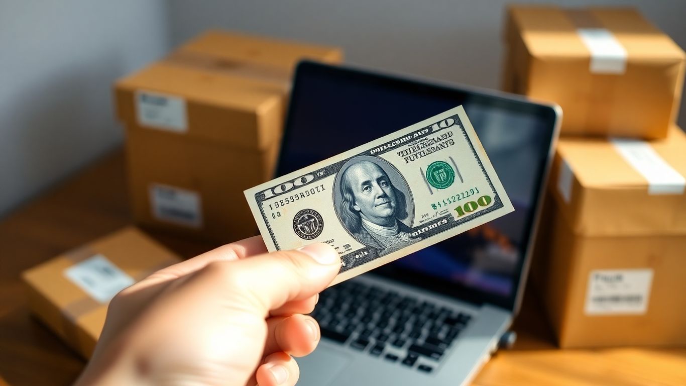 Hand holding $100 bill with laptop and boxes.