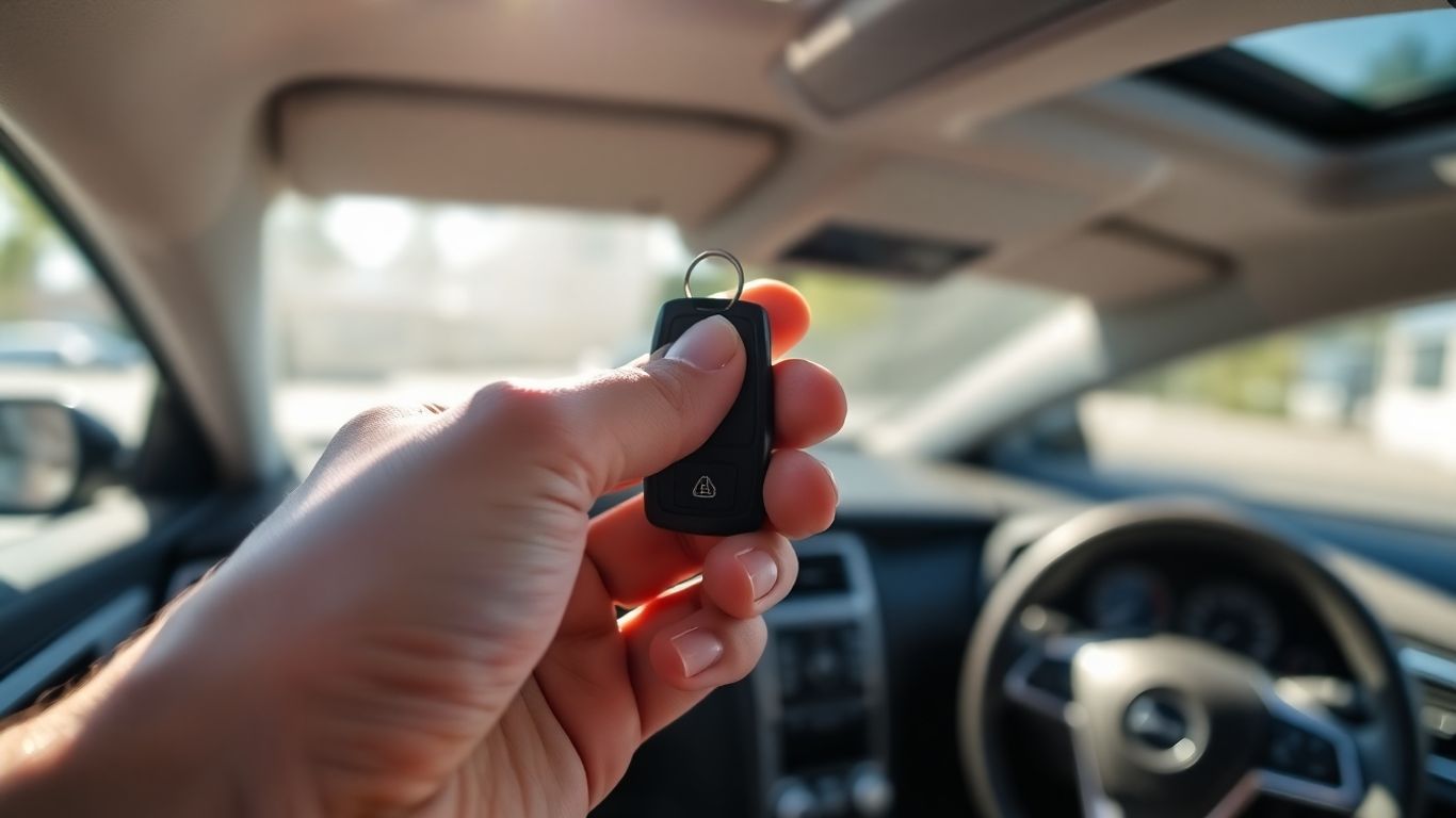Hand holding car key with car interior background.