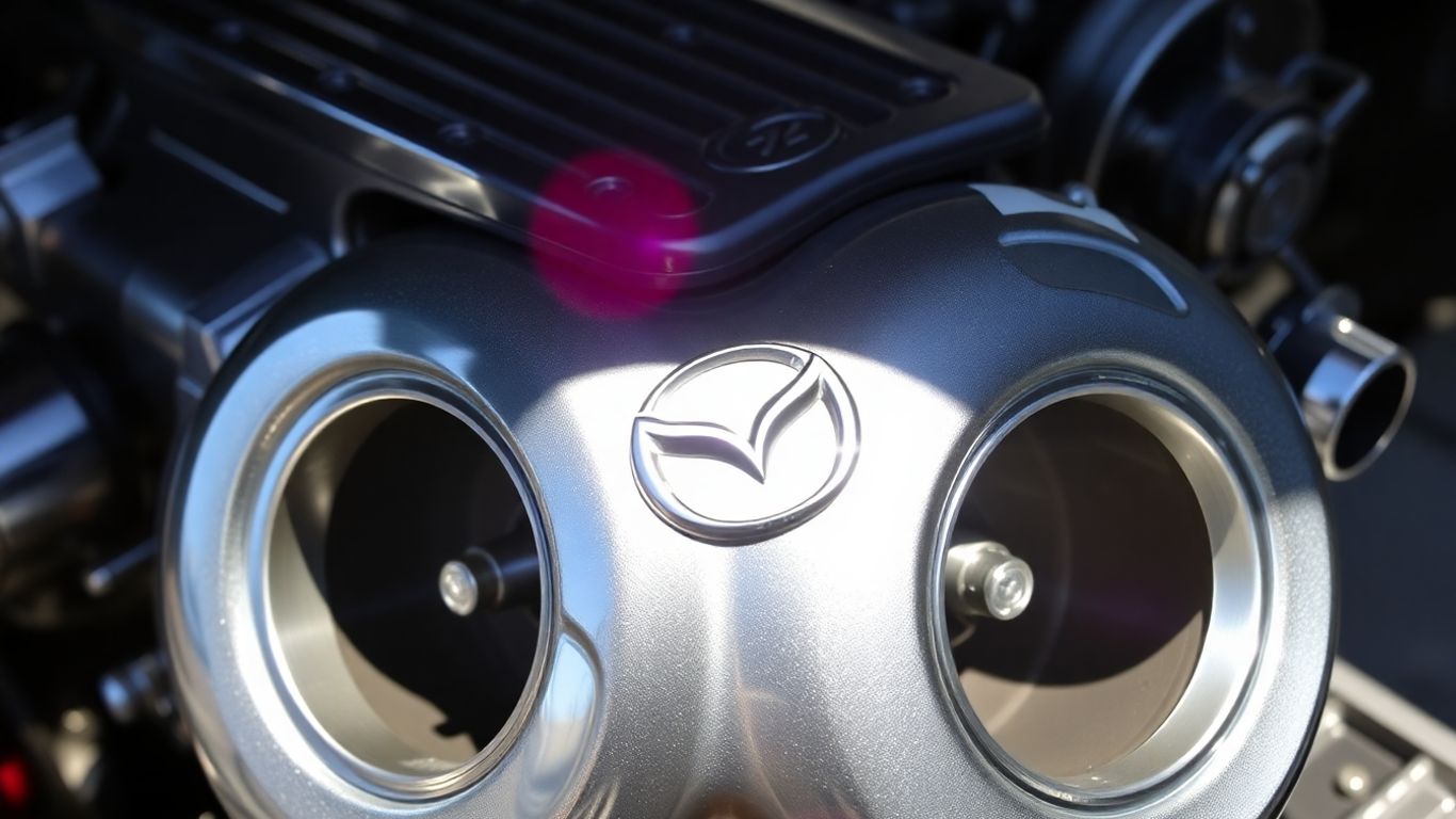 Cleaned Mazda engine part gleaming under sunlight.