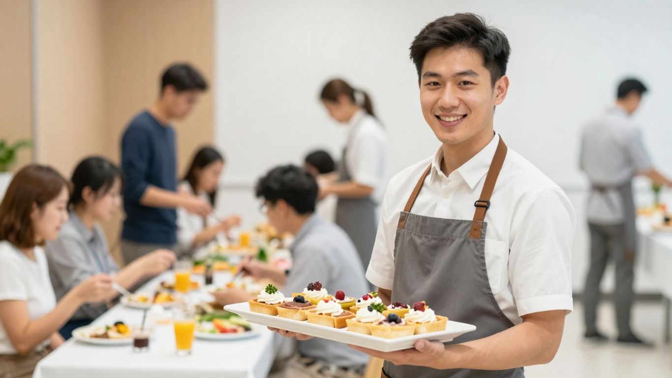 Catering business owner with food at an event.