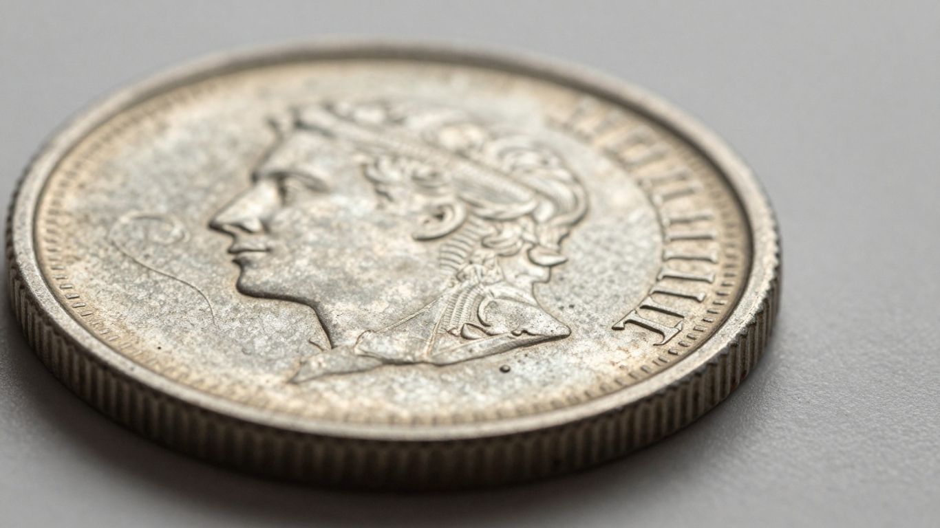 Close-up of coin with reeded edges and parallel grooves.