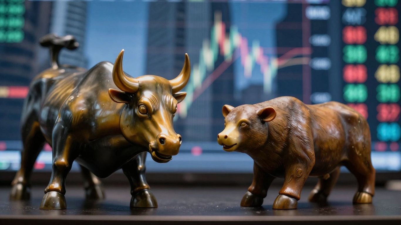 Financial market bull and bear statuettes with city background.